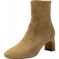 百丽（Belle）复古气质时装靴女2025冬优雅粗高跟短靴E5P1DDZ5 杏色-绒里 35