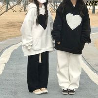 GOCHIEI单/套装秋季闺蜜装套装女韩系宽松爱心连帽卫衣_休闲裤一整套 黑色加绒卫衣+白色阔腿长裤[套 M 90-100斤