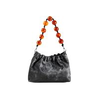 天美意女包牛皮云朵包新中式斜挎褶皱包小金球链条单肩包 石墨黑【配串珠手提】