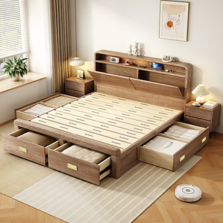 启语北欧白蜡木实木床双人床主卧室1米8现代简约储物床带灯原木风 1.2M*2.0M箱框结构 单床+2柜+15cm独立袋装弹簧床垫