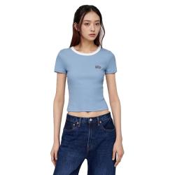 Gap 女装2025春季刺绣logo撞色圆领修身短袖T恤上衣美版727444 蓝色 XXS 美码  S亚洲码160/80A