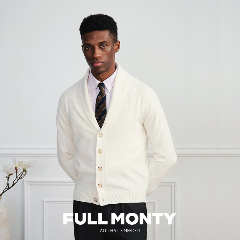 FULL MONTY【青果领开衫】新款针织外套男休闲奶白色羊绒棉混纺毛衣薄25秋季 本白色80075