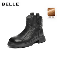 百丽(Belle)复古擦色时装羊皮靴女2025冬真皮粗跟短靴E5S1DDD5 黑色-绒里 34