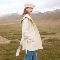 秋水伊人气质大翻领浴袍式大衣2024冬季女系带收腰全羊毛外套
