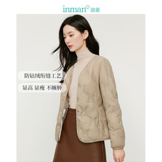 INMAN 茵曼 轻薄简约无领短款羽绒马甲冬女装内搭外穿外套上衣 浅卡其 S