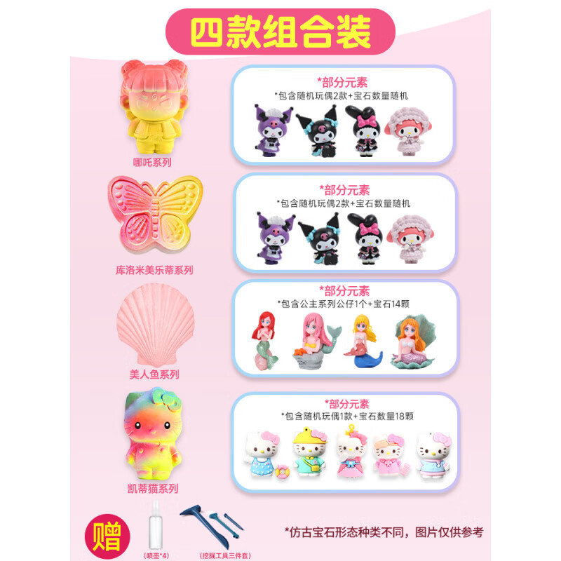 健威神库洛米盲盒挖宝石玩具考古儿童女孩子石膏挖掘宝藏寻宝化石diy砸 新款【4个装】哪咤考古盲盒+库洛米盲盒+kt猫