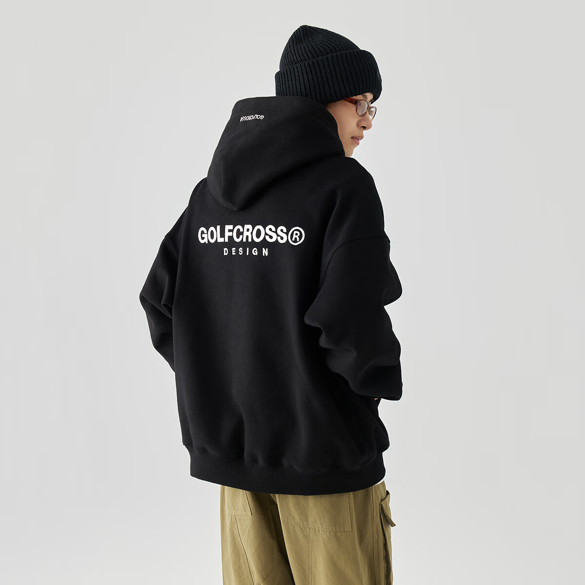 GOLFCROSS字母绣花宽松休闲落肩套头连帽卫衣男女同款
