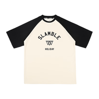 SLAMBLE夏季拼色华夫格短袖T恤男女圆领简约字母休闲潮流半袖 黑拼卡其 L