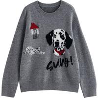 初语 毛衣女2025秋季插画师联名斑点狗提花复古灰色保暖针织衫