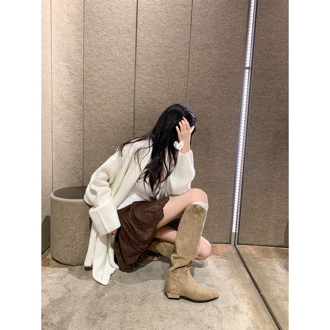 苏茵茵涩谷靴V口尖头绒面粗跟高筒骑士靴女西部堆堆靴 黑色 单里 3