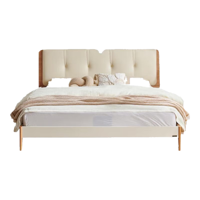 全友 家居原木奶油风皮艺床1.8x2米主卧室软包双人高脚大床婚床129929 奶油原木风1.8m床