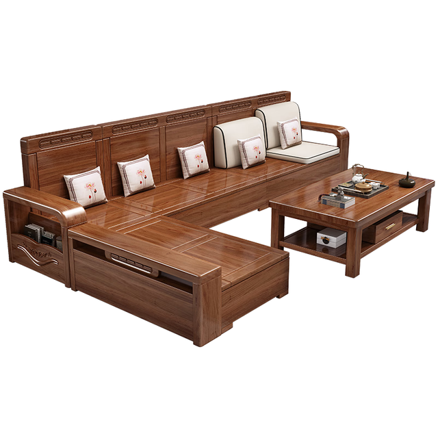 PLUS会员：辰娅 实木沙发 胡桃木实木沙发组合现代中式冬夏两用大小户型储物家具 四人位+贵妃榻+茶几