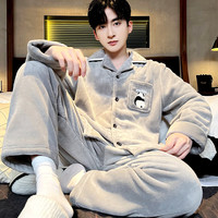 PEANOJEAN睡衣男秋冬季加厚珊瑚绒套装可外穿家居服保暖长袖春秋大码法兰绒 银灰熊猫男开衫 L 男L码(105斤-130斤)