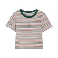 夏季修身弹力圆领撞色条纹高腰短款修身女式T恤