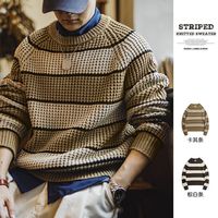 马登工装美式复古撞色菠萝条纹毛衣肌理感套头圆领打底针织衫男秋