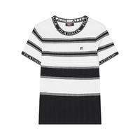 FILA 斐乐女子织衫杨幂同款2024秋季时尚撞色条纹短袖上衣 正黑色-BK M