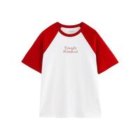 初语美式撞色插肩袖字母T恤女2025年夏季纯棉上衣 红色-米白-单纯 L