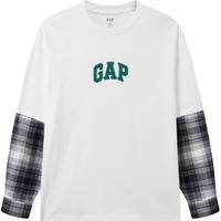 Gap男女装2024秋季款字母logo格纹拼接假两件长袖T恤上衣635980