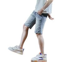 唐狮夏季男士牛仔短裤弹力修身复古浅色卷边直筒裤潮牌