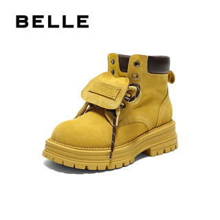 百丽（Belle）复古马丁靴双鞋带大黄靴女25冬厚底休闲工装短靴B2745DD5 黄色 34
