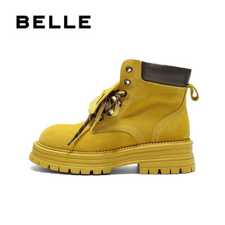 百丽（Belle）复古马丁靴双鞋带大黄靴女25冬厚底休闲工装短靴B2745DD5 黄色 34