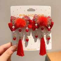 千宝莱新年红色儿童蝴蝶结发夹古风头饰仿珍珠女童汉服配饰假发发卡 21#红色毛球花簇领结流苏对夹