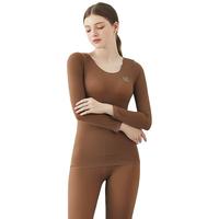 YANGXIN 氧心 内衣女秋衣秋裤女士纯色高弹力薄款保暖内衣套装领百搭修身打底衫 可可棕 均码（80-160斤）