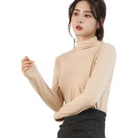 诗莉奥（SHILIAO）半高领打底衫女秋季修身薄款内搭长袖黑色t恤上衣 杏色 L码(80-115斤)