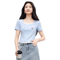 方领正肩假两件短袖t恤女夏季2025拼接内搭修身短款上衣