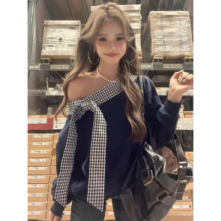 LDBE 美式复古格纹蝴蝶结斜肩无帽卫衣 女 深蓝色 M