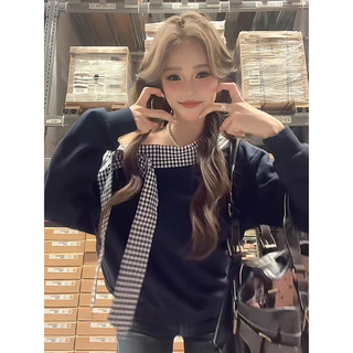 LDBE 美式复古格纹蝴蝶结斜肩无帽卫衣 女 深蓝色 M