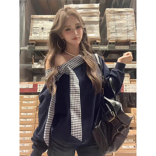 LDBE 美式复古格纹蝴蝶结斜肩无帽卫衣 女 深蓝色 M