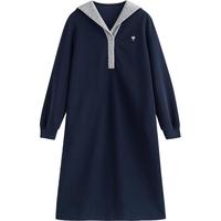 初语连衣裙女2025冬季新款宽松撞色海军领棉质中长款卫衣裙 深藏青