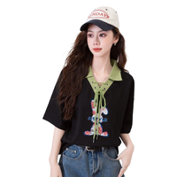 撞色翻领抽绳绑带半袖t恤女夏短袖女士拼色印花上衣