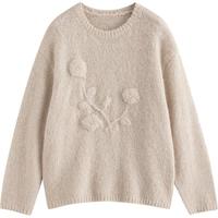 初语毛衣女2025秋季立体花朵提花圆领多巴胺多色毛织上衣 米杏色 M