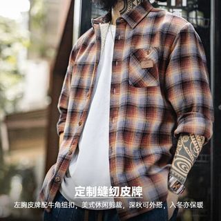 马登 MADEN工装摇粒绒格纹衬衫外套男美式复古格子加绒保暖男士长袖衬衣秋冬 蓝棕色 【袖子不加绒】