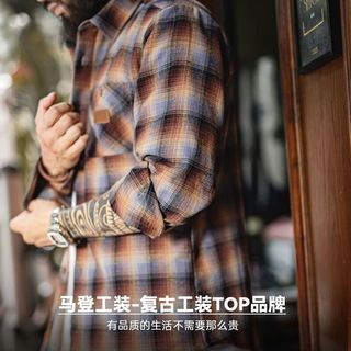 马登 MADEN工装摇粒绒格纹衬衫外套男美式复古格子加绒保暖男士长袖衬衣秋冬 蓝棕色 【袖子不加绒】