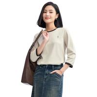 2024年秋季纯棉撞色复古猫咪刺绣七分袖针织圆领T恤女上衣