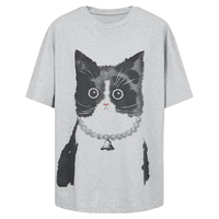 BASIC HOUSE/百家好韩系减龄猫猫印花短袖T恤女2025夏季宽松上衣 灰色 M