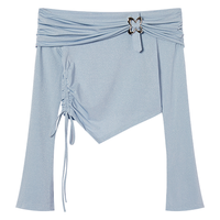 一字领长袖T恤女2024秋季辣妹风亮丝不规则开叉短款修身上衣