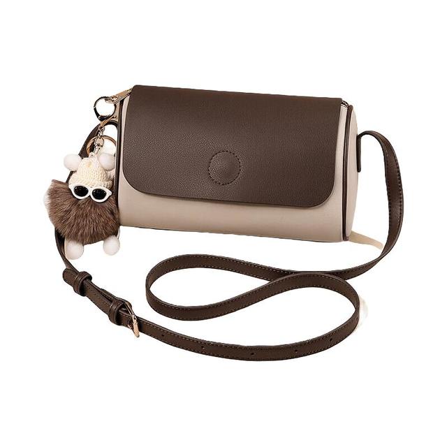 稻草人 包包女包2025时尚牛皮单肩包休闲简约撞色斜挎包小圆包 浓巧咖配米杏（牛皮版）