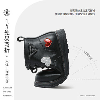 泰兰尼斯冬季女童鞋儿童靴子加绒短靴真皮黑色马丁靴软底皮靴 黑色 T04X1D1048-2 22 内长14.5/脚长13.0
