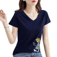 VING 夏季休闲舒适女孩印花V领女式修身显瘦T恤短袖上衣