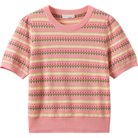 茵曼百搭轻薄通勤条纹针织T恤女夏显瘦短袖洋气套头上衣 藕粉色 L 