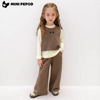 小猪班纳（PEPCO）秋季女童套装洋气纯色韩版秋季儿童背心马甲阔腿裤三件套童装 KX色织三件套-咖色 90 (身高75-85cm)