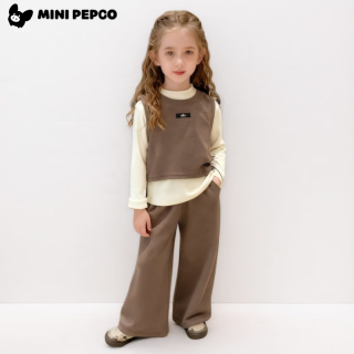 小猪班纳（PEPCO）秋季女童套装洋气纯色韩版秋季儿童背心马甲阔腿裤三件套童装 KX色织三件套-咖色 90 (身高75-85cm)