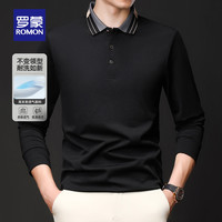 罗蒙（ROMON）撞色长袖T恤男士2025秋冬中青年保暖纯色打底POLO翻领上衣男 5T497605黑色 2XL 185