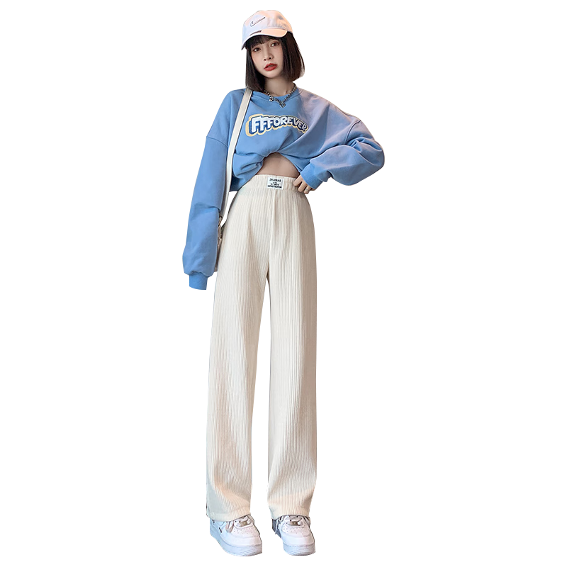 FitonTon雪尼尔阔腿裤女秋冬款高腰垂感裤子宽松直筒休闲裤白色灯芯绒长裤