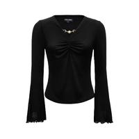 VEROMODAT恤2024秋季女装可拆卸链条装饰V领喇叭袖捏褶光泽感上衣优雅 黑色 175/92A/XL