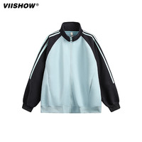 viishow2025年春季复古撞色插肩袖开衫立领外套男宽松慵懒百搭卫衣 藏红色 M